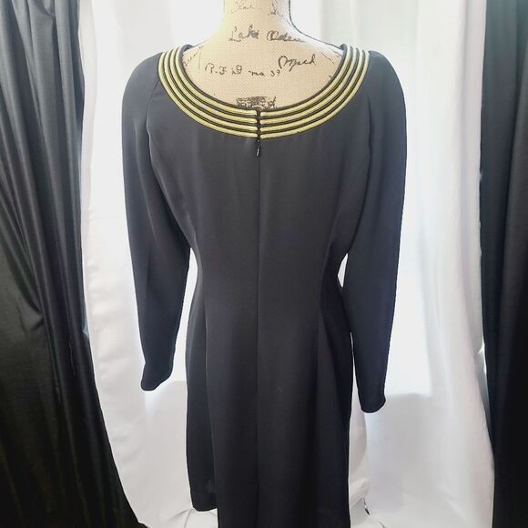Vintage 80s Patricia Magali Black Metallic Gold Structured Long Sleeve Dress - Picture 6 of 17